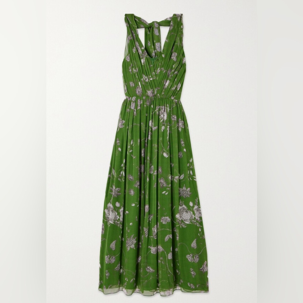 ERDEM Cape-effect pleated gathered floral-print silk-voile gown green Dress